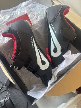 Peloton Black Cycling Shoes with White Accents and Red Trim